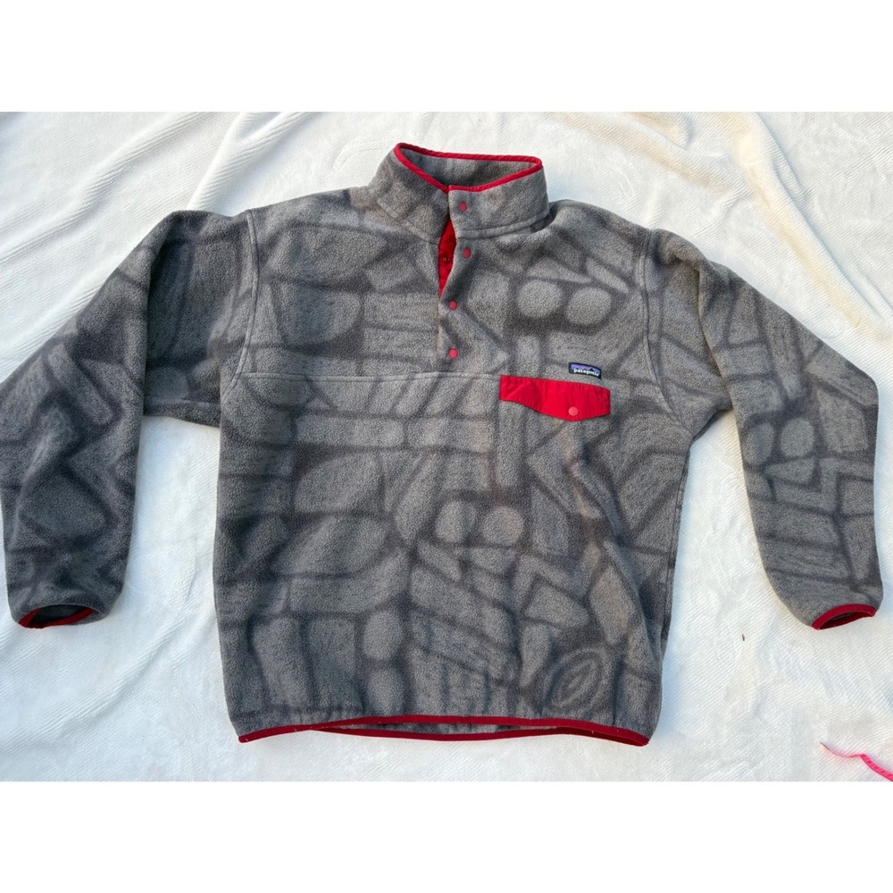 Patagonia Synchilla Snap-T Fleece Pullover Grey Red Abstract Print Mens XL